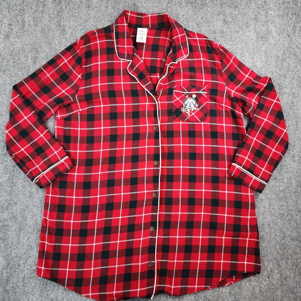 Disney Shirt Womens XL Red Minnie Mouse Plaid Flannel Embroidered Pocket Sleep
